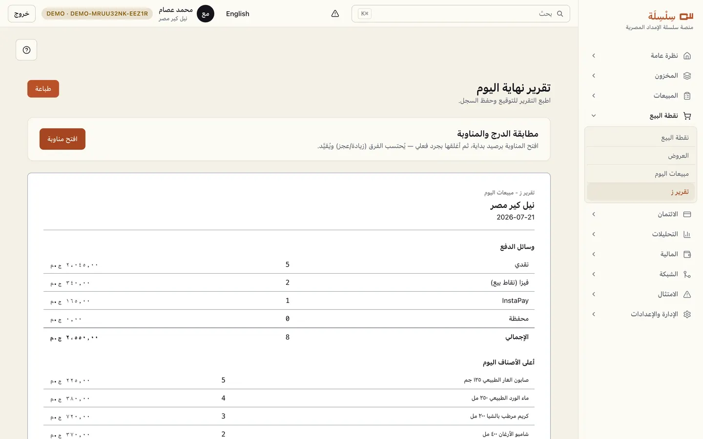 تقرير ز — إقفال اليوم